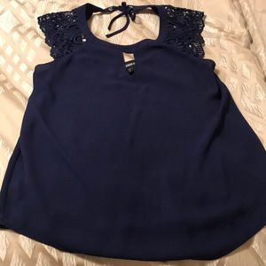 Navy lace cap sleeve shirt